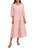 Wenrine Womens Casual 3/4 Sleeve Shirt Dress Button Down V Neck Tiered Collared Flowy Maxi Dress Pink