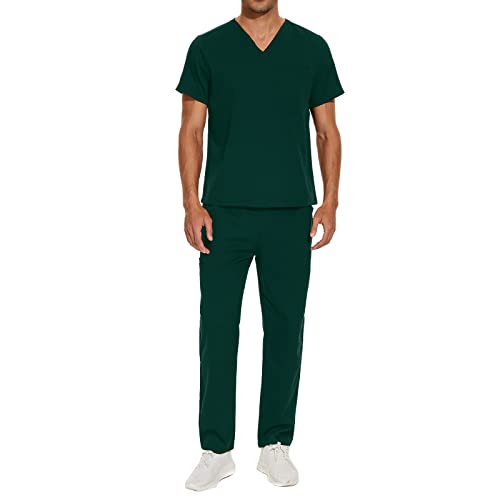 niaahinn Scrub Set Men and Women Medical Uniform Unisex Workwear Classic Top & Pant (Dark Green, XL)