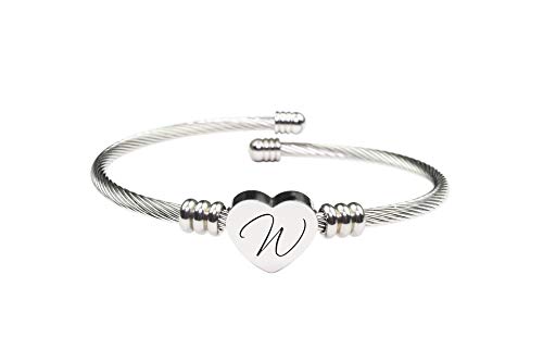 Pink Box Heart Cable Initial Bracelets for Women Mom Personalized Gift for Her Engraved Mantra Cuff Bangle Birthday Jewelry - W