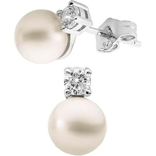 QUADRI - Orecchini Perle Donna con Zirconi - idea regalo Donna Compleanno - Orecchini Argento 925 con Perle Bianche 7mm Coltivate d'Acqua Dolce Rotonde - Confezione Regalo Inclusa