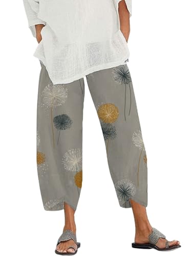 Womens Capri Pants Dandelion Printed Wide Leg Trousers Summer Casual Boho Floral Cropped Palazzo Pants with Pockets