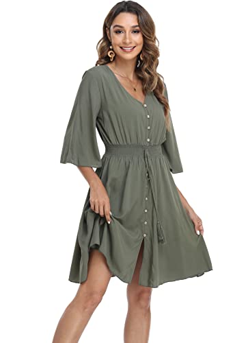 Image of VintageClothing Women's Floral Sundresses Flowy Boho Summer Beach Dress | Lightweight Breathable material,Elegant V Neck and Button Front Design,Flared Bell Sleeve Cut,Mini Casual dress