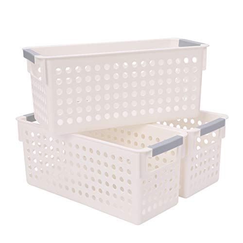 JAKAGO Home Essential Aufbewahrung Korb 3er Set,Badezimmer Korb mit Henkel,für Küche,Badezimmer,Schlafzimmer,Langlebiger Plastik PP, 29.5 x 12.5 x 12.5 cm-weiss(klein)