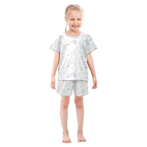 ALAZA Tennis Racket Heart Pajamas Set Short Sleeve Cotton Sleepwear Summer Pjs 2 Piece 5-14Y3