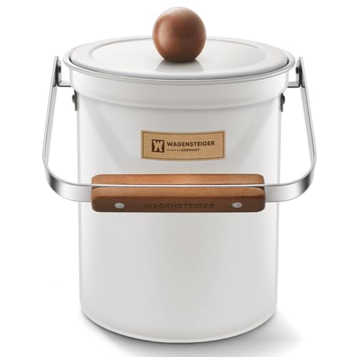 WAGENSTEIGER Kitchen Countertop Compost Bin 101ounces / 3Liters, Airtight Lid SUS304 Stainless Steel Odor-Free Food Waste Bin with Wooden Handle Stylish Design/Bathroom Trash Can (White)
