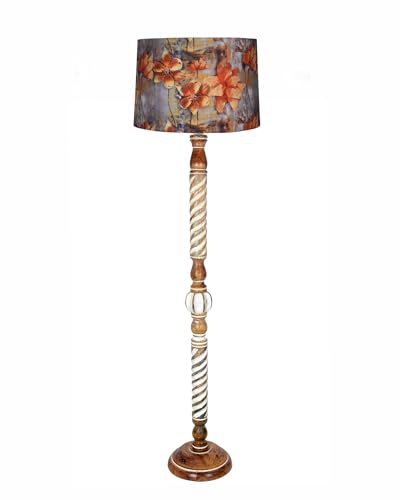 Image of Homesake Rustic Wood Floor Lamp for Living Room Walnut Brown with Multicolor Fabric Lamp Shade | Light Decoration for Home Corner Lamp for Living Room | Antique Floor Light, Twisted Ropes