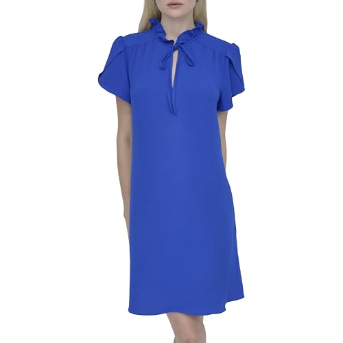 Image of DKNY Women's Front Tie Ruffle Neckline Trapeze Dress