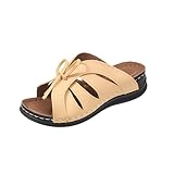 Damenschuhe, Sommer, Sandalen, Leder, flache Sandalen, Boho-Stil, bequem, orthopädisch, bequeme Strandschuhe, Gelb B, 36 EU