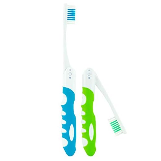 Travel Toothbrush, Folding with Built in Cover, Hiking, Camping, Emergency, Packable, collapsable, Foldable, Pocket Medium Bristle Brushes (2 Pack) (Blue-Green)
