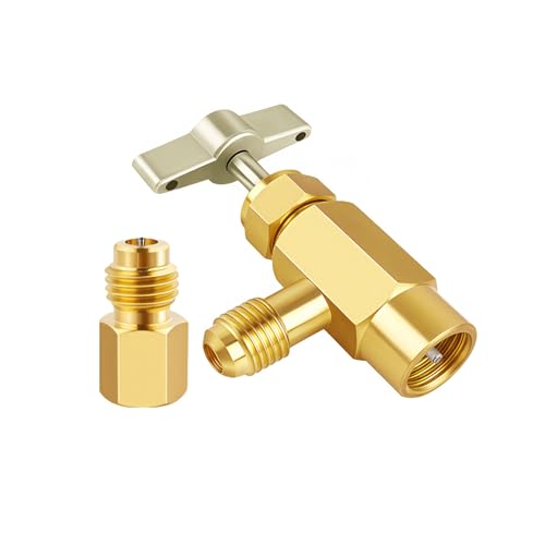 R134A Self-Sealing Can Tap with R134A Tank Adapter 1/2 to 1/4 SAE Refrigerant Dispenser Tool Brass Valve Bottle Opener with 1/4 SAE Female and 1/2 Male Adapter for AC Manifold Freon Charging Hose