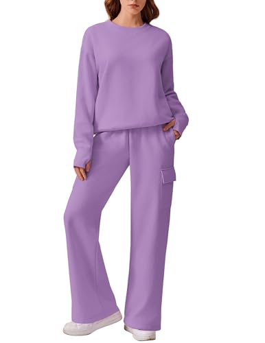 PINSPARK Tracksuits Women 2 Piece Sets 2024 Fall Oversized Sweatsuits Comfort Loungewear Sets Fleece Sweatshirt Thumbholes Loose Cargo Sweatpants with Pockets Cozy Matching Set, Lilac Small