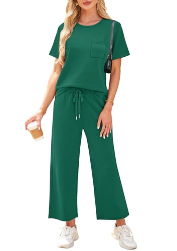 Image of WIHOLL 2 Piece Sets for Women Casual Summer Travel Vacation Outfits Short Sleeve Wide Leg Crop Pants Lounge Sets
