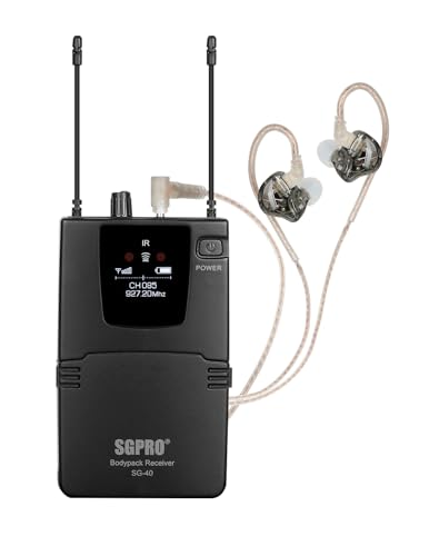 SGPRO Sistema IEM sem fio – Transmissor de metal, receptor de bodypack dispensável com fones de ouvi