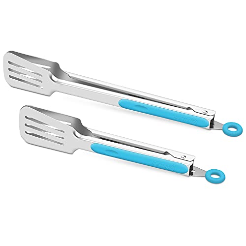 Premium 304 Stainless Steel Barbecue Turners, Heavy Duty Non-Stick BBQ Cooking Kitchen Tongs, 9" and 12" Blue