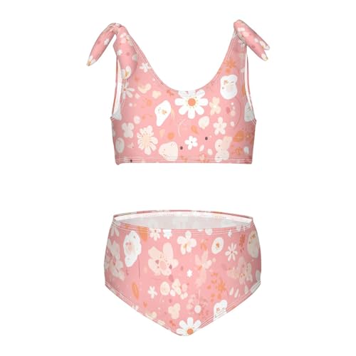A Pattern of Flowers in Pink Girls Two Piecing Kids Bikini Set Scoop Neck Bathing Suit Swimwear Cute Shoulder Strap