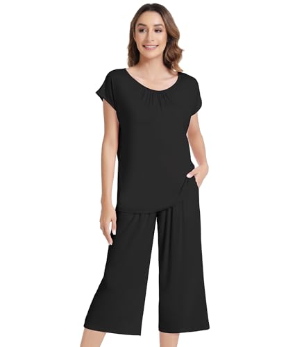 Image of NACHILA Women's Pajamas Set Short Sleeve Sleepwear Soft Pjs Cool Pajama with Capri Pants, Viscose Made from Bamboo