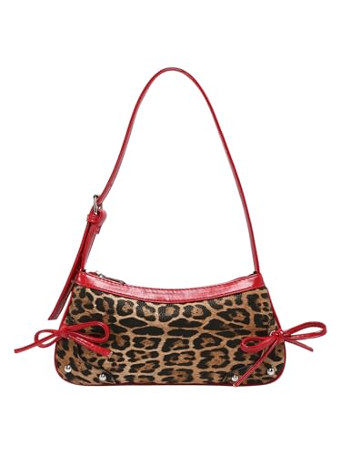 Women's Leopard Print Bow Y2k Shoulder Bag Zipper Studded Underarm Bag Leather Purse