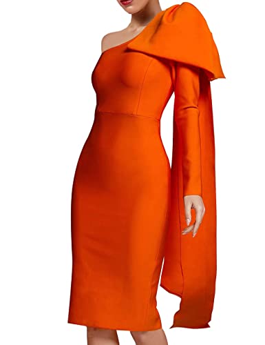 Image of UONBOX Women's One Shoulder Bowknot Long Sleeve Bodycon Knee Length Club Party Bandage Dress