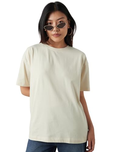 Image of Bewakoof Women's Solid Oversized Fit Half Sleeve Round Neck Cotton Jersey T-Shirt