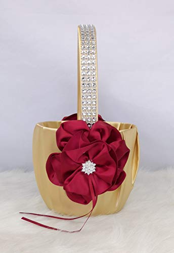 Abbie Home Flower Girl Basket in Gold Satin Cover with Burgundy Ribbon Flower Rhinestone Decor Luxury Satin Collection Party Favor Set (Burgundy+Gold Basket)