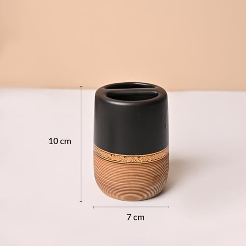 Image of Market99 Ceramic Bathroom Set of 4 in Matte Golden & Black with Elegant Wooden Elegance Design, Includes Soap Dispenser, Tumbler, Toothbrush Holder, and Soap Dish, Soap Dispenser 400 ML Capacity