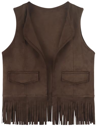 Image of Spring&Gege Boys Western Faux Suede Fringe Vest Sleeveless Cowboy Tassel Waistcoat Vintage Jacket Cardigan 5-14 Years