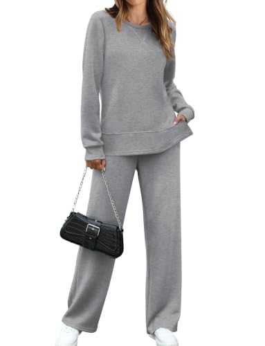Image of OFEEFAN Women's 2 Piece Lounge Set Travel Airport Outfits Side Slit Tracksuit Wide Leg Loungewear Baggy Comfy Sweatsuit S-3XL