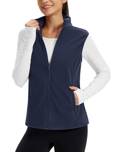 TACVASEN Damen Fleece Vest Outdoor Ärmellos Gilets Warm Fleeceweste mit Reißverschluss Taschen Sportweste für Frauen Blau XL