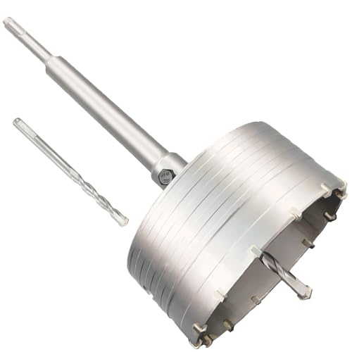 Image of 5 inch Concrete Hole Saw, 125mm Tungsten Steel Core Bit for Cinder Block, Brick, Rock, Plank Walls for Pipes or mini Split Lines, with SDS Plus Shank and 2 Center Positioning Drill Bits.
