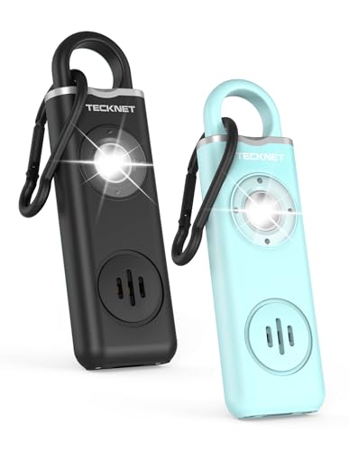 TECKNET Alarma Personal para Mujer de Bolsillo con Sirena de 130 dB y luz de Señalización LED, Llavero Recargable USB Tipo-C para Mujeres, Niños/Mujeres/Ancianos(Azul+Negro)