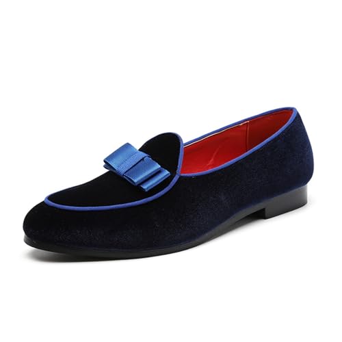Men's Loafers Shoes, Large Size Velvet Bow Slip On Business Casual Low Top Pointed Toe Comfortable Breathable Mens Walking Driving Shoes, 45 EU,Blue