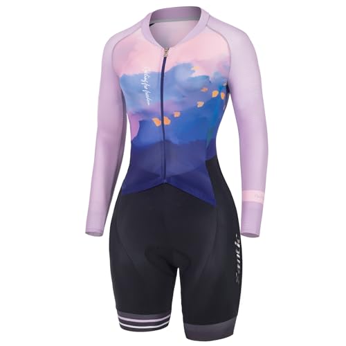 Santic Combinaison de triathlon pour femme, une pièce, manches longues, rembourrée, triathlon, courte, haute élasticité, minceur, cyclisme, lilas, M