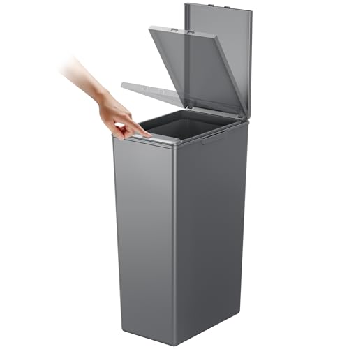 EKO Morandi 40L Kitchen Recycling Bin with Touch-Top Lid, Slim Plastic Rubbish Bin with Recycling Stickers and Easy-Clean Finish, Compact Design for Home or Office, Dark Grey