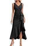 DRESSTELLS Cocktail Dresses for Women UK, Summer Formal Wedding Guest Bridesmaid Party Evening Gown Prom Church Split Ruched Ruffle Aline Maxi Dress Black L