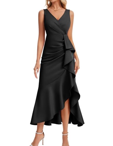 Image of DRESSTELLS Wedding Guest Dresses for Women UK, Black Formal Cocktail Evening Party Prom Mother of the Bride Bridesmaid Elegant Aline Ruffle Maxi Dress Black XL