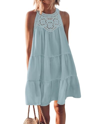 GRMLRPT Sommerkleid Damen Neckholder Ärmelloses Freizeitkleid Boho Knielang Strandkleider Ethnischer Stil Kleider Elegant A-Line Kleider(Blau,L)
