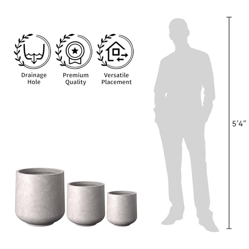 Image of Kante Set of 3 CON Gray Concrete Curved Planters 16.5 inch 13 inch 9.4 inch Dia | Drainage for Outdoor, Rubber Plug for Indoor Home, All-Weather Cement Pot, Handcraft, Lightweight & Durable, Anti-UV, Round