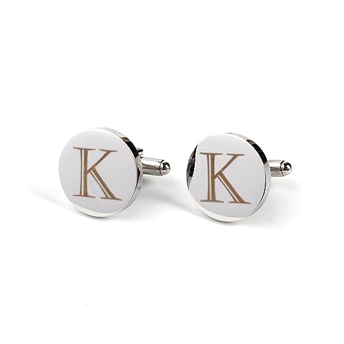 Image of Mens Initial Silver Cufflinks A-Z Alphabet Letter Steel Cuff Links with Engraved Walnut Wood Box Groom Groomsman Wedding Set