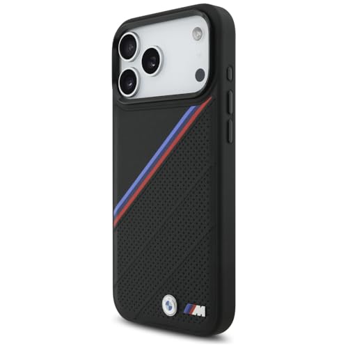 Image of CG MOBILE BMW [Official Licensed] Protective Case Designed for iPhone 17 Pro Max |Magnetic Compatible|M Collection|Pu Leather Tricolor Slanted Stripes & Metal Logos -Black