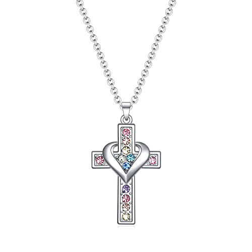 SUMFAN Cross Necklace for Girls & Women - Small Cubic Zirconia Tiny Cross Pendant - Baptism & Christening Gifts