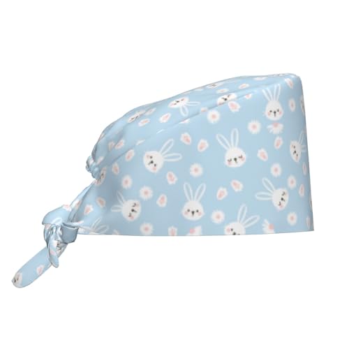 Kuilepa Cute Bunny Print Working Caps With Sweatband Adjustable Working Hats Elastic Scrub Hats Nurse Scrub Cap