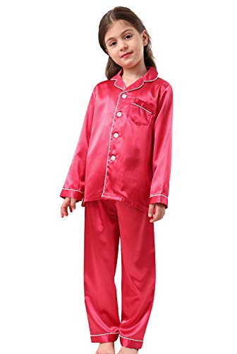 Image of Pajamas Kid Unisex Pjs Set Girls Boys Silk Pajamas Set Satin Long Sleeve 2 Piece Clasic Sleepwear for 2-12 Years Todder