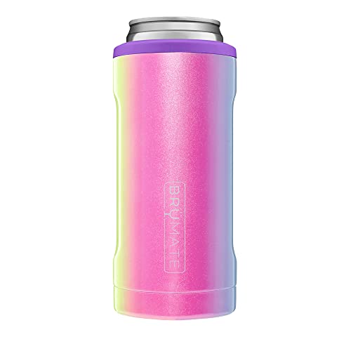 BrüMate Hopsulator Slim Can Cooler Insulated for 12oz Slim Cans | Skinny Can Coozie Insulated Stainless Steel Drink Holder for Hard Seltzer, Beer, Soda, and Energy Drinks (Glitter Rainbow)