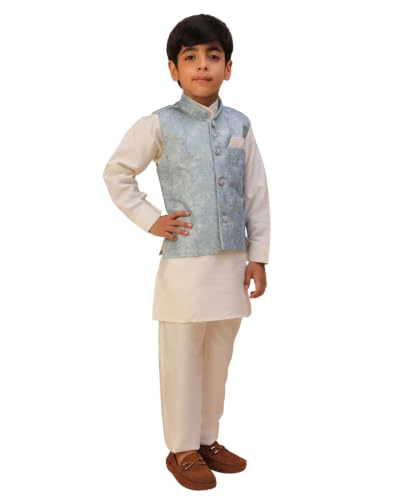 Image of Pro-Ethic Style Developer Kids Kurta Set For Boys With Waist Coat, Ethnic Wear for Diwali, Eid, Raksha Bandhan, Jacquard, Floral Print (Pack of 1)