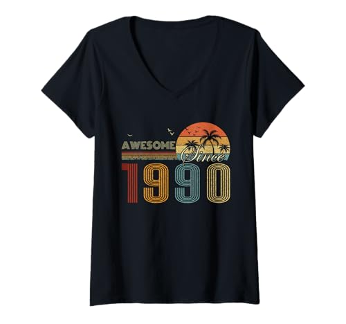 Damen Awesome Since 1990 Men Women Birth of Birthday Years Vintage T-Shirt mit V-Ausschnitt
