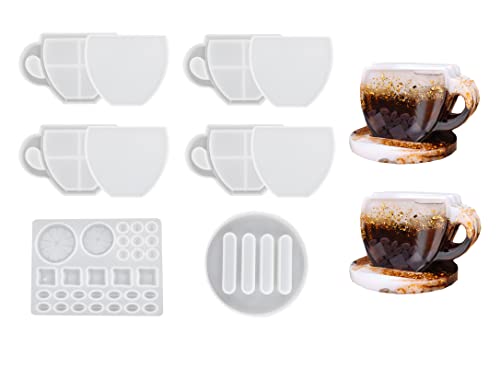 Xidmold 10pcs Coaster Resin Molds, Resin Shaker Mold for Cup Pad, Cup Shape Quicksand Silicone Coaster Mold with Coaster Holder, Lemon Coffee Beans Filler Mold, Shaker Coaster Molds for Epoxy Resin