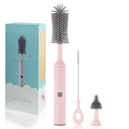Image of Soarup90000 Electric Bottle Brush Set with Electric Silicone Baby Bottle, Nipple, Straw Cleaner, Rechargeable & Waterproof Cleaner, Perfect Pink