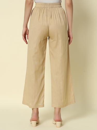 Image of FIORRA Womens Loose Mid Rise Cotton Solid Palazzo