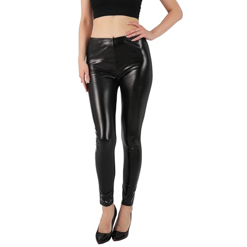 NewL Legging de Sport métallique Brillant pour Femme - Pantalon Crayon Lumineux - Pantalon de Fitness Tendance - Pantalon de Couleur Bonbon, Noir, S