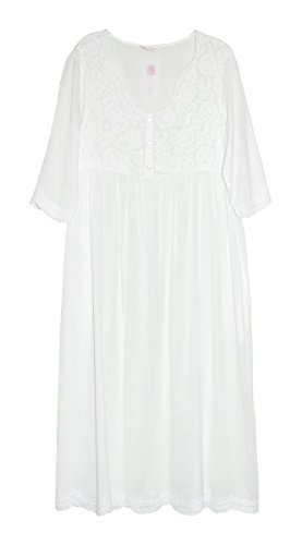 LA CERA Women's Nightgown, 100% Cotton, White Floral Embroidery, Button Front, Three-Button Placket, Side Pockets2